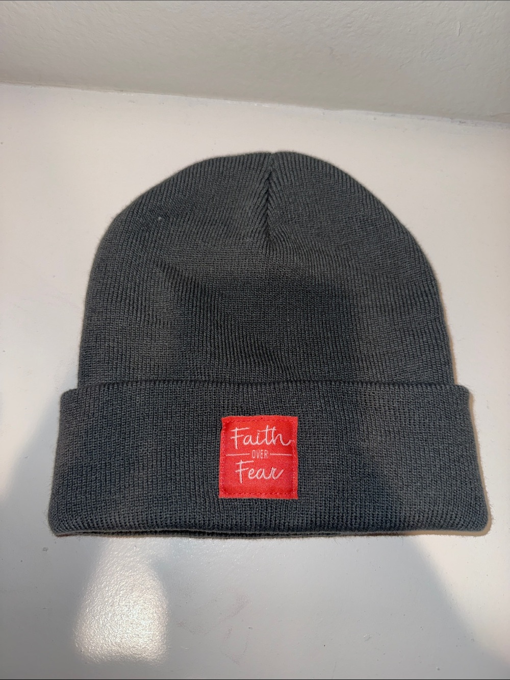 Gray Beanie with Red "Faith Over Fear" Patch